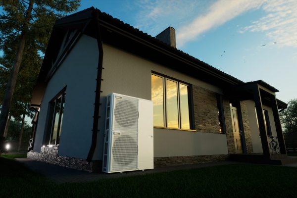 Heat pump of air-water technology for the home at sunset. Inverter system of split type